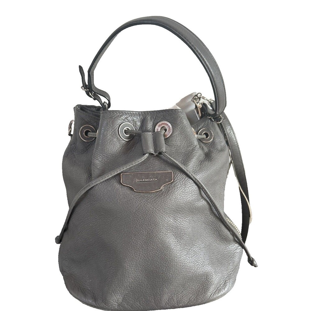 Balenciaga Papier Plate Bucket Bag Gray Leather Side Zip Drawstring Purse